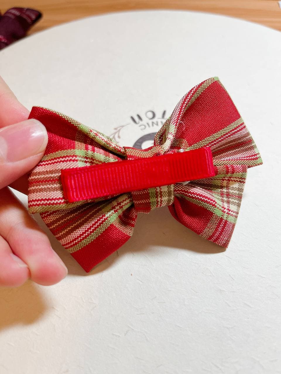 韓式小童人工髮夾 - 紅色格仔蝴蝶結