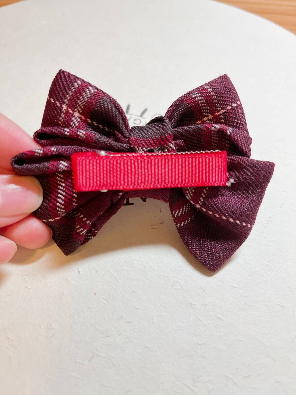 韓式小童人工髮夾 - 深紅色格仔蝴蝶結