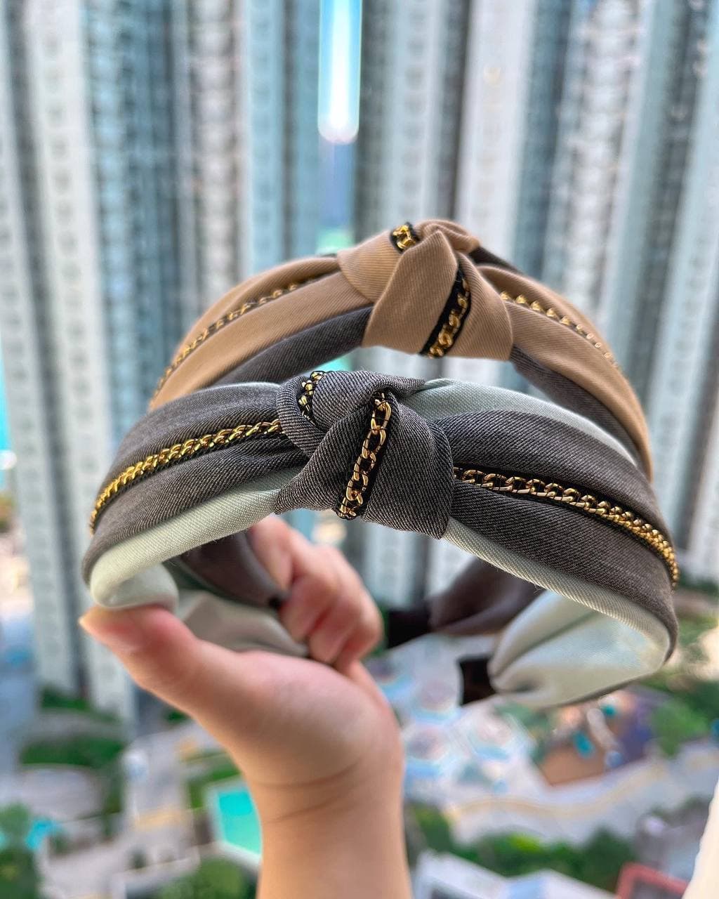 韓式人工髮箍- 灰色淺藍併布髮箍