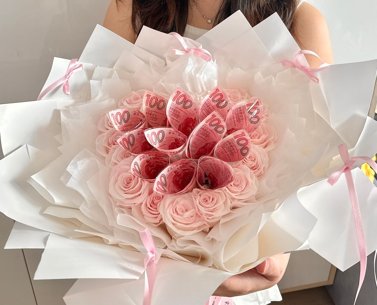 鈔票花束+16朵永生花