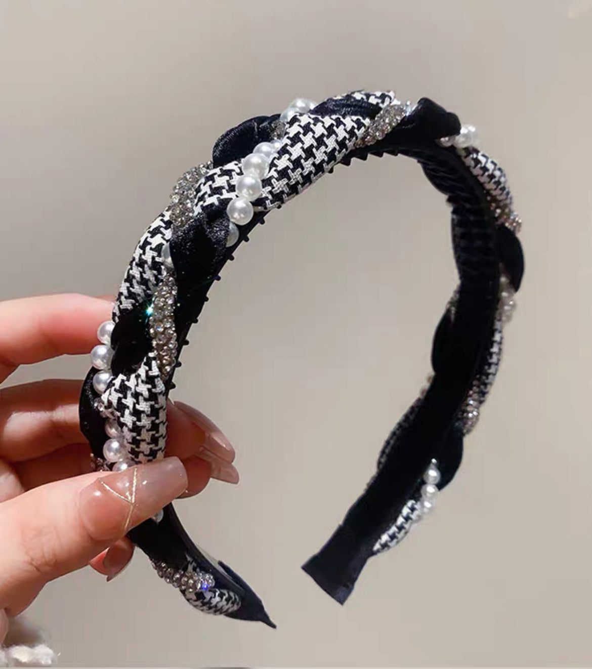 韓式人工髮箍- 併布珍珠花紋髮箍