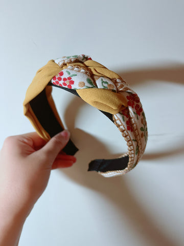 韓式人工髮箍 - 黃色民族花邊髮箍
